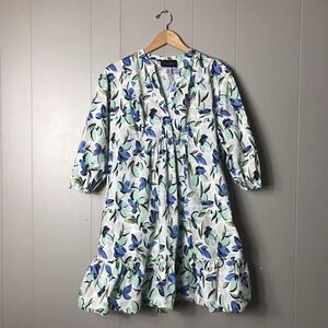 DONNA MORGAN FLORAL PATTERN V NECK A-LINE DRESS 3/4 SLEEVE POCKETS WOMENS SIZE 4